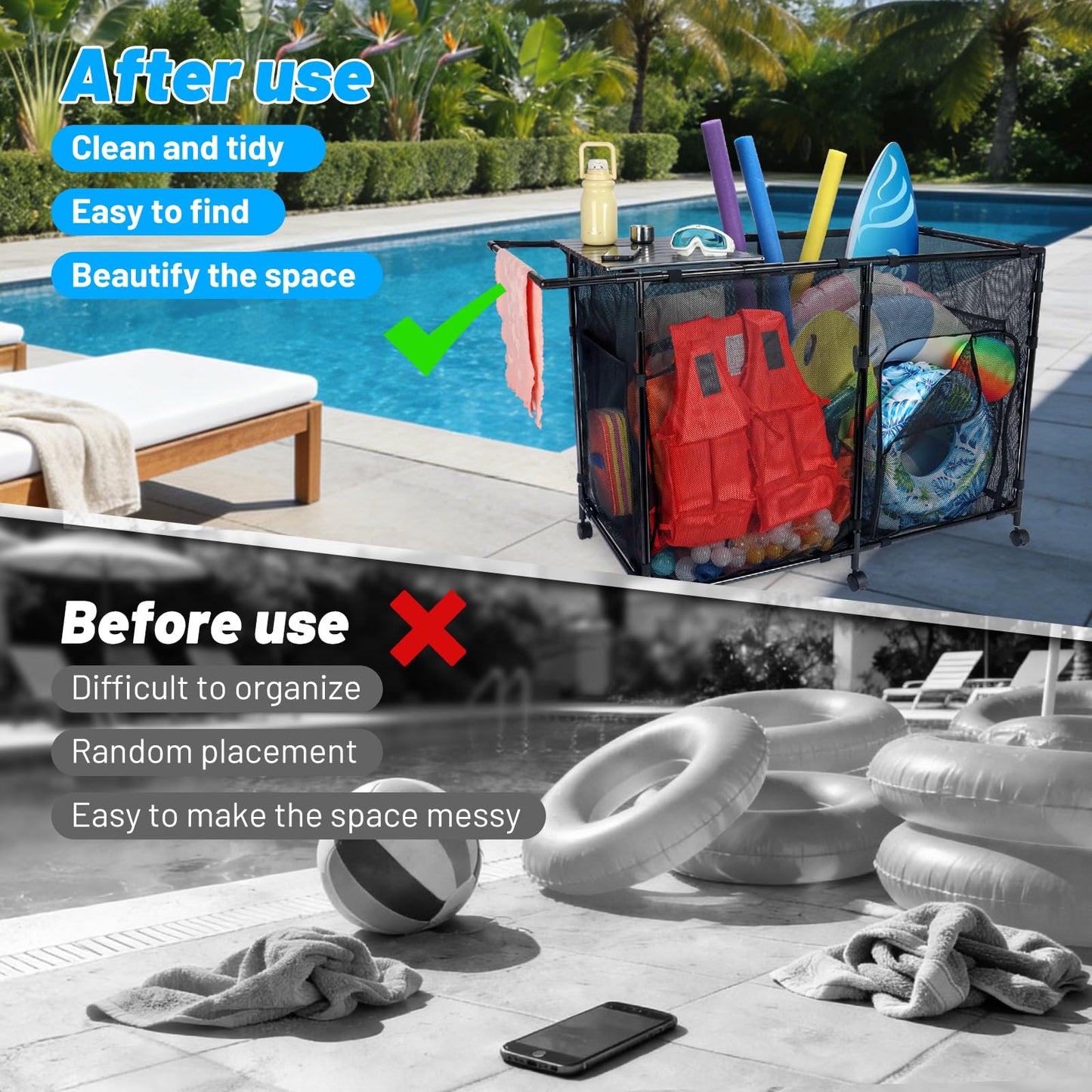 Arejonner 152Gal Pool Storage Organizer with Tabletop,Towel Bar,Zipper Doors,360° Rotating Wheels,Weather-Resistant,Easy Assembly,for Indoor Outdoor,Pool,Patio,Beach (M Size)