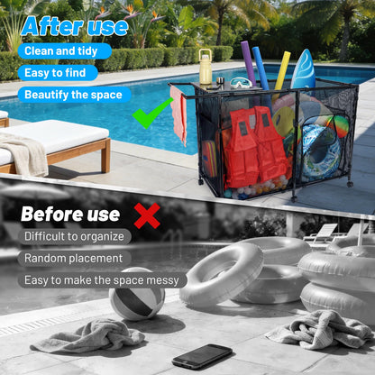 Arejonner 152Gal Pool Storage Organizer with Tabletop,Towel Bar,Zipper Doors,360° Rotating Wheels,Weather-Resistant,Easy Assembly,for Indoor Outdoor,Pool,Patio,Beach (M Size)