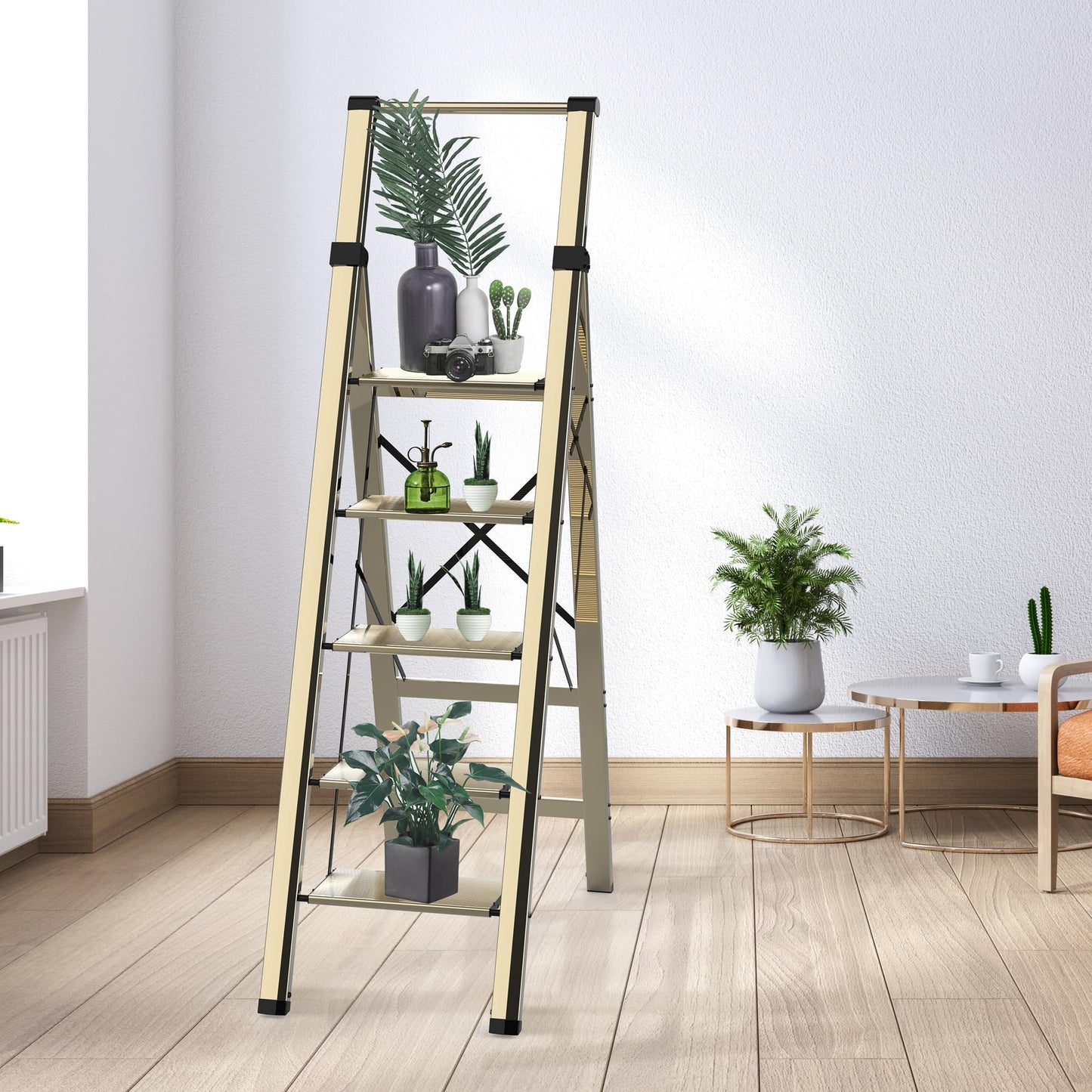 5 Step Ladder Adult Portable Folding Step Stool, Folding Aluminum Step Ladder with Double Padded Treads, Step Ladder with Handle for Home, Kitchen, Outdoor, 330 lb - Champagne Gold