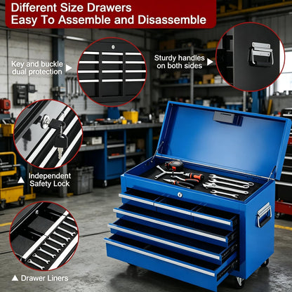 GarveeTech 24 Inch 8 Drawer Lockable Rolling Tool Chest, 2 in 1 Detachable Metal Tool Box Cabinet with Wheels, Heavy Duty Secure Storage Organizer with Portable Top Chest for Garage Workshop, Blue