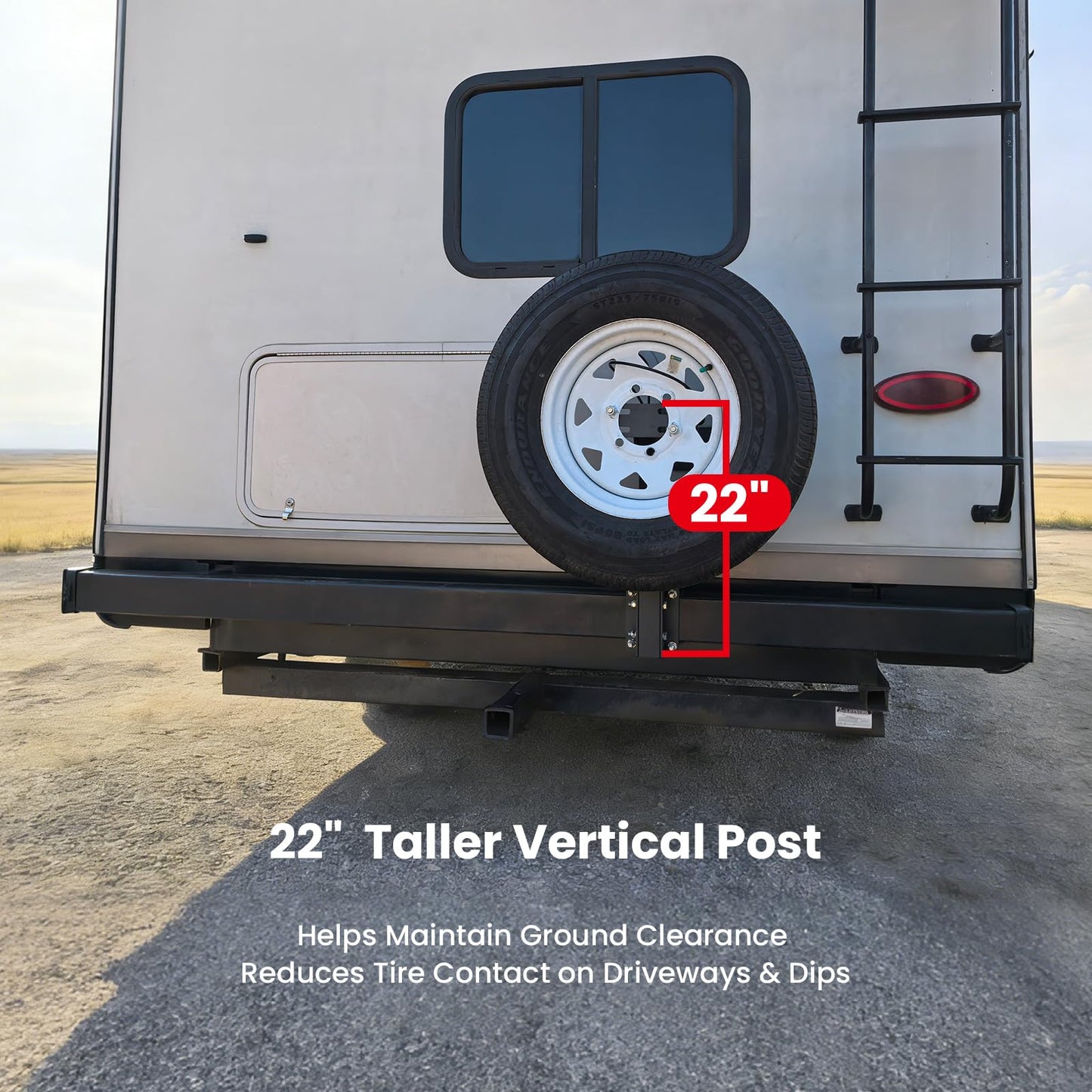 Safoner Heavy-Duty Tilt-Forward RV Spare Tire Carrier for 4" Rear Square Bumpers, Weld-Free Aluminum Trailer Spare Tire Mount, 22" High-Clearance Design Reduces Scraping, Camper Essentials Accessories