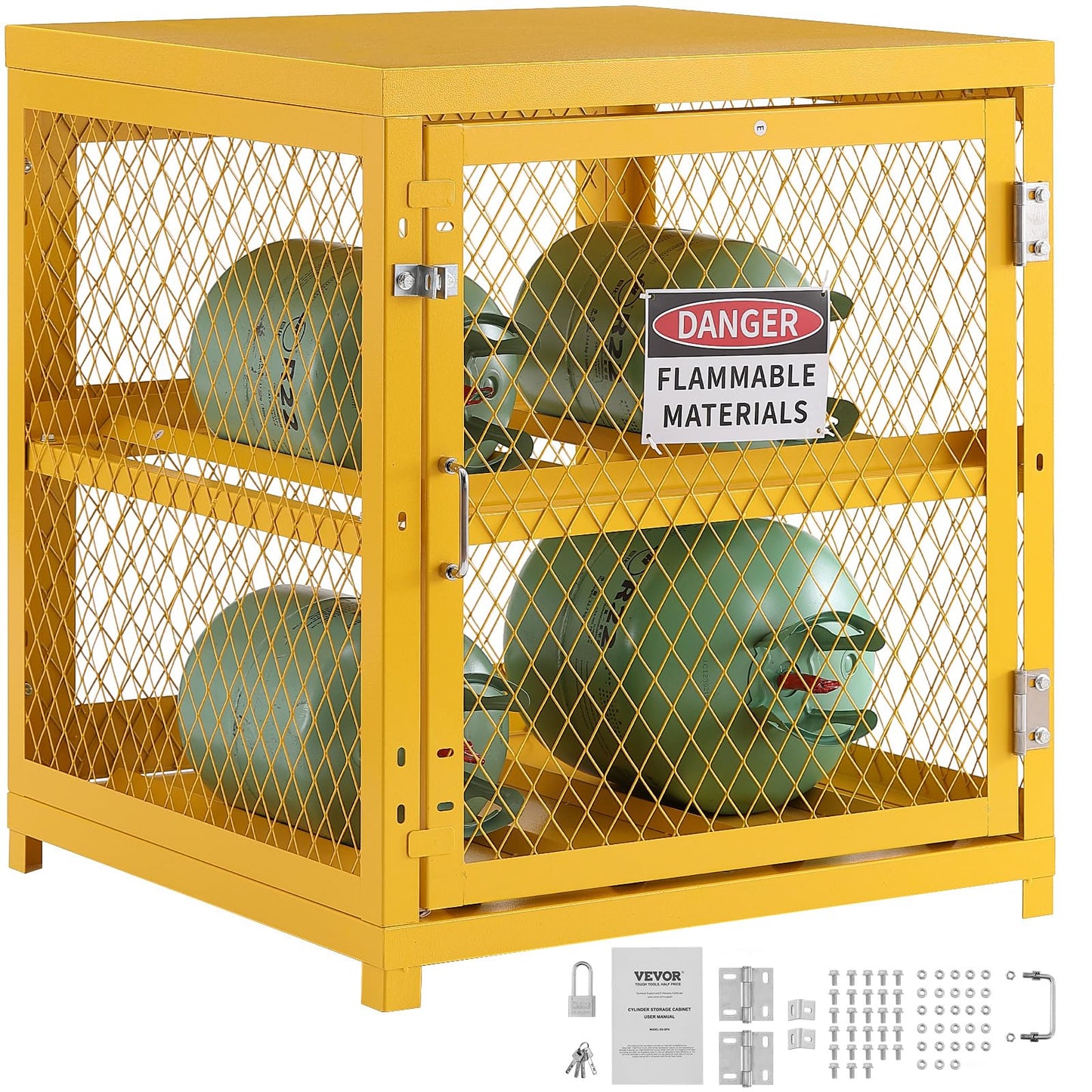 VEVOR Horizontal Cylinder Storage Cabinet, 4 x 33 lbs Cylinder Capacity, 31.02x30.04x35 inch Propane Storage Cage, Gas Cylinder Cabinet, Yellow Powder Coat Finish, for Freon, Gases, Oxygen, Nitrogen