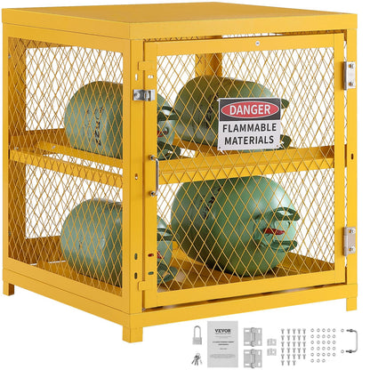 VEVOR Horizontal Cylinder Storage Cabinet, 4 x 33 lbs Cylinder Capacity, 31.02x30.04x35 inch Propane Storage Cage, Gas Cylinder Cabinet, Yellow Powder Coat Finish, for Freon, Gases, Oxygen, Nitrogen