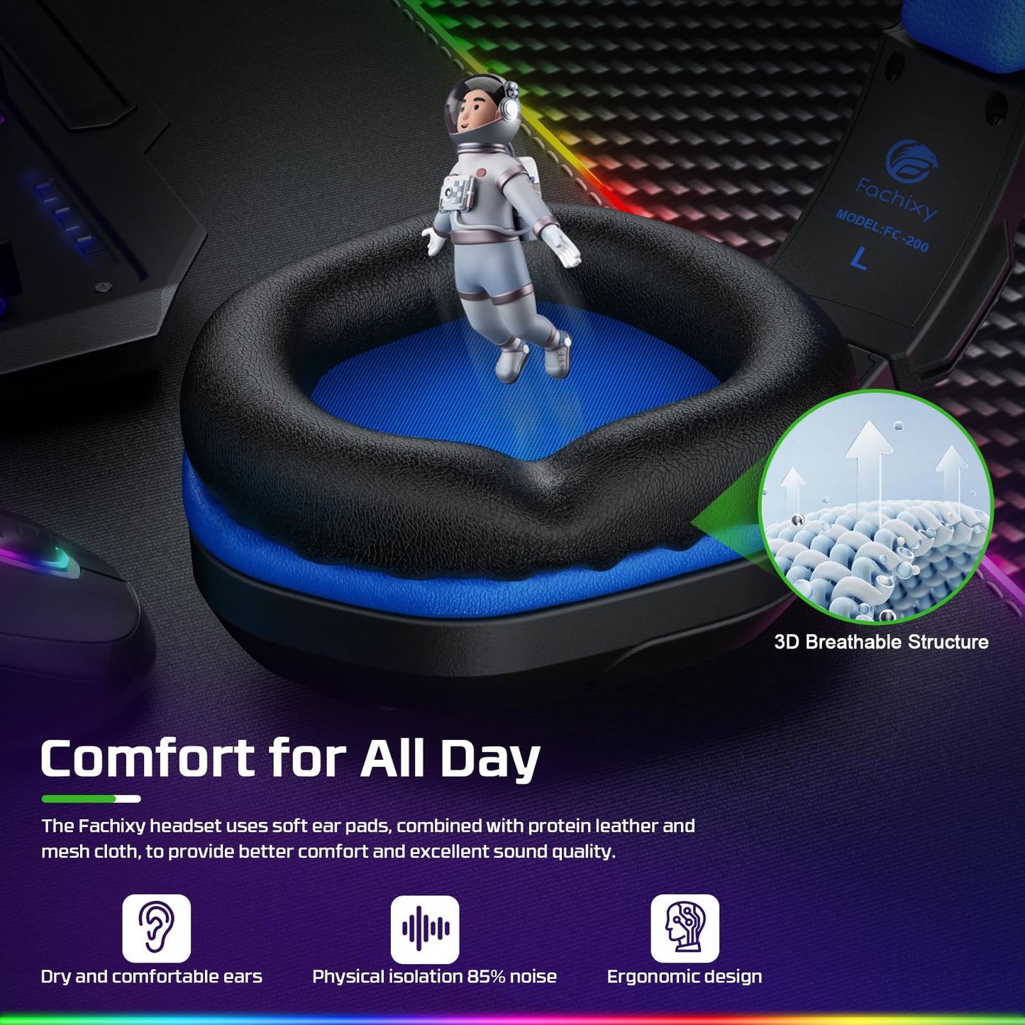 Fachixy FC200 PC Gaming Headset for PS4, PS5, Switch, Xbox One, Mac, Noise Canceling Headphones with Microphone, Computer Headset with 3.5mm Jack & RGB Light