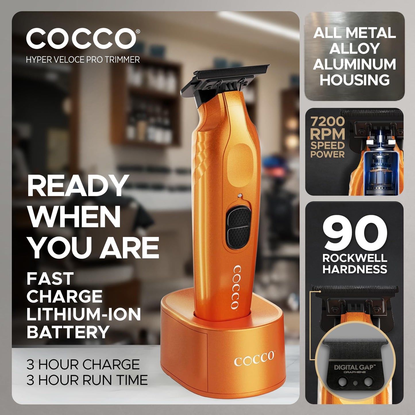 Cocco Hyper Veloce Pro Trimmer, Digital Gap Graphene Blade Edger, High-Torque Brushless BLDC Motor, Cordless, All-Metal Design, Lithium-Ion Battery, Charging Base Included, Orange