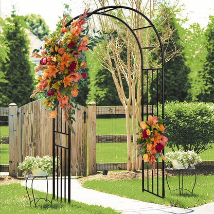 LDAILY Moccha Garden Arch Arbor Trellis, 7.2Ft Outdoor Steel Arbor with Stakes, Metal Archway for Climbing Plants, Wide Sturdy Garden Arch for Lawn, Party, Ceremony Wedding Decoration, Black