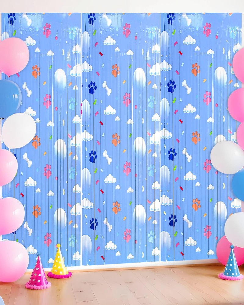 Paw Birthday Decorations, 3 Pack Blue Dog Theme Party Supplies 3.3 x 6.6ft Tinsel Foil Fringe Curtains Photo Booth Props Cartoon Backdrop Streamers for Kids Boys Girs