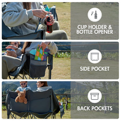 Portal Double Camping Chair, 2 Person Folding Loveseat for Adults, Padded Cushion Camp Lawn Love Seat with Side Pocket Portable Couch, Two Person Heavy Duty Wide Chairs with Cup Holder, 600 lbs