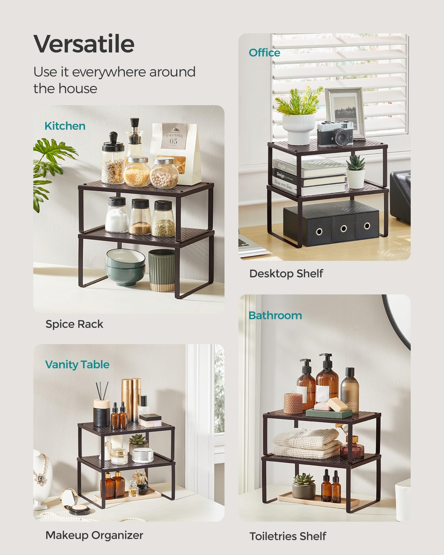 SONGMICS Spice Racks, Set of 2 Metal Cabinet Shelf Organizers, Countertop Organizers, Shelf Risers, Stackable, Expandable, Silver UKCS01SV