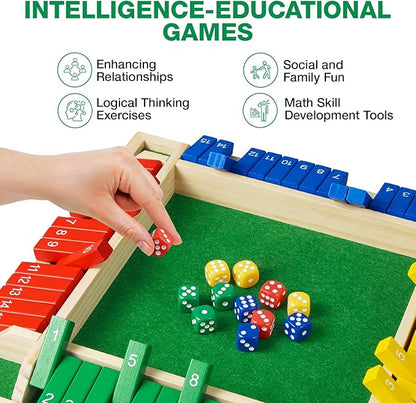 Upgrade Shut The Box Dice Game 1-4 Player Wooden Board Table Math Games with 16 Dices Classics Tabletop Version Games for Kids &amp Adults Home Classroom Party or Pub (14 Inches)