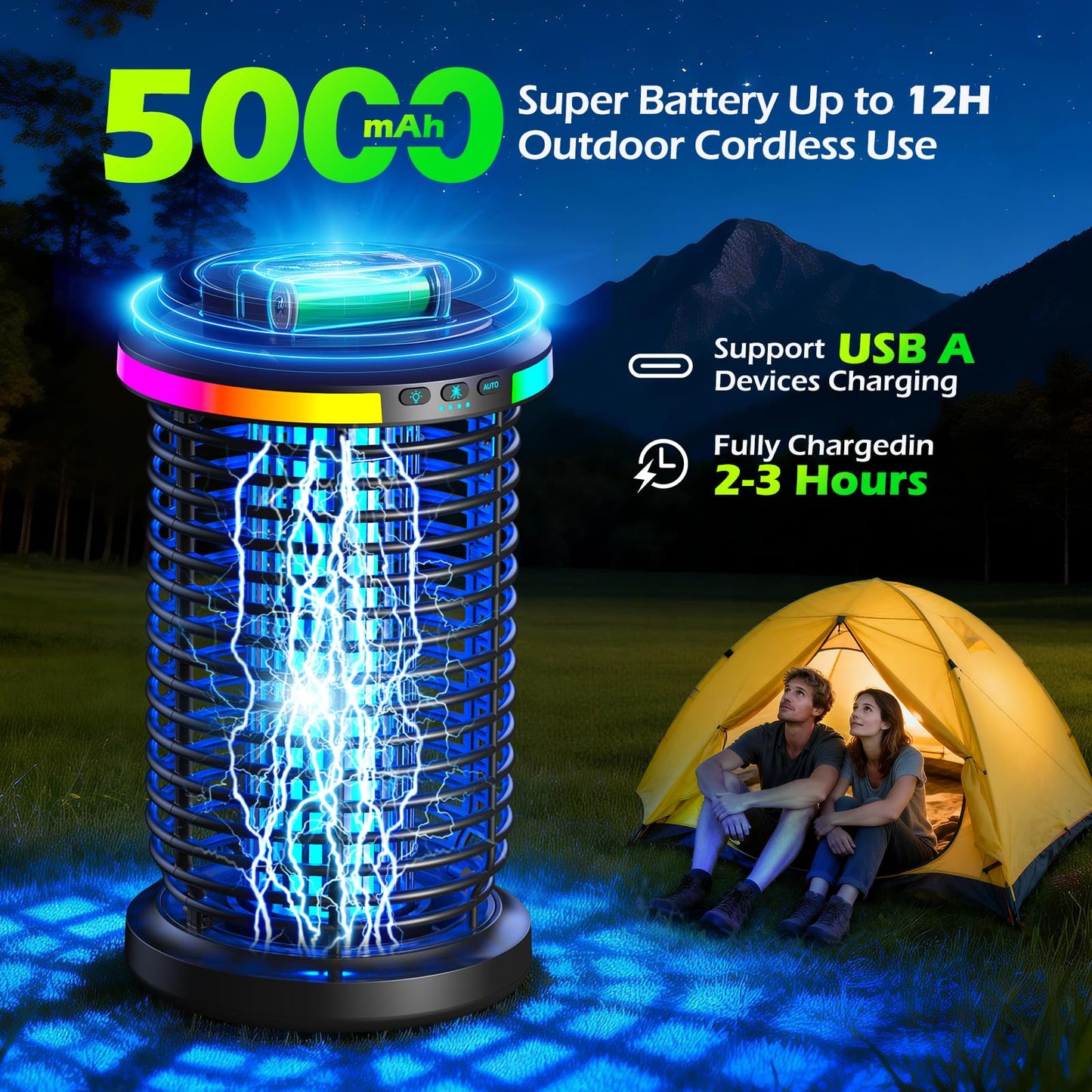 Rechargeable Bug Zapper Outdoor, 4200V Powerful Electric Mosquito Zapper 5-in-1 Portable & Wireless Bug Zapper Outdoor Cordless with 5000mAh Battery, Outdoor Waterproof Fly Zapper for Patio Camping