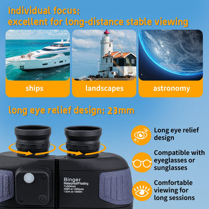 Binger 7x50 Marine Binoculars w/Rangerfinder Global Compass Floating Waterproof Marine BAK4 FMC Waterproof Nitrogen Filled