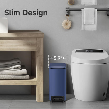 TIPGO Slim Bathroom Trash Can - Soft Close Lid & Step Pedal | 6 Liter Stainless Steel Bin in Navy Blue