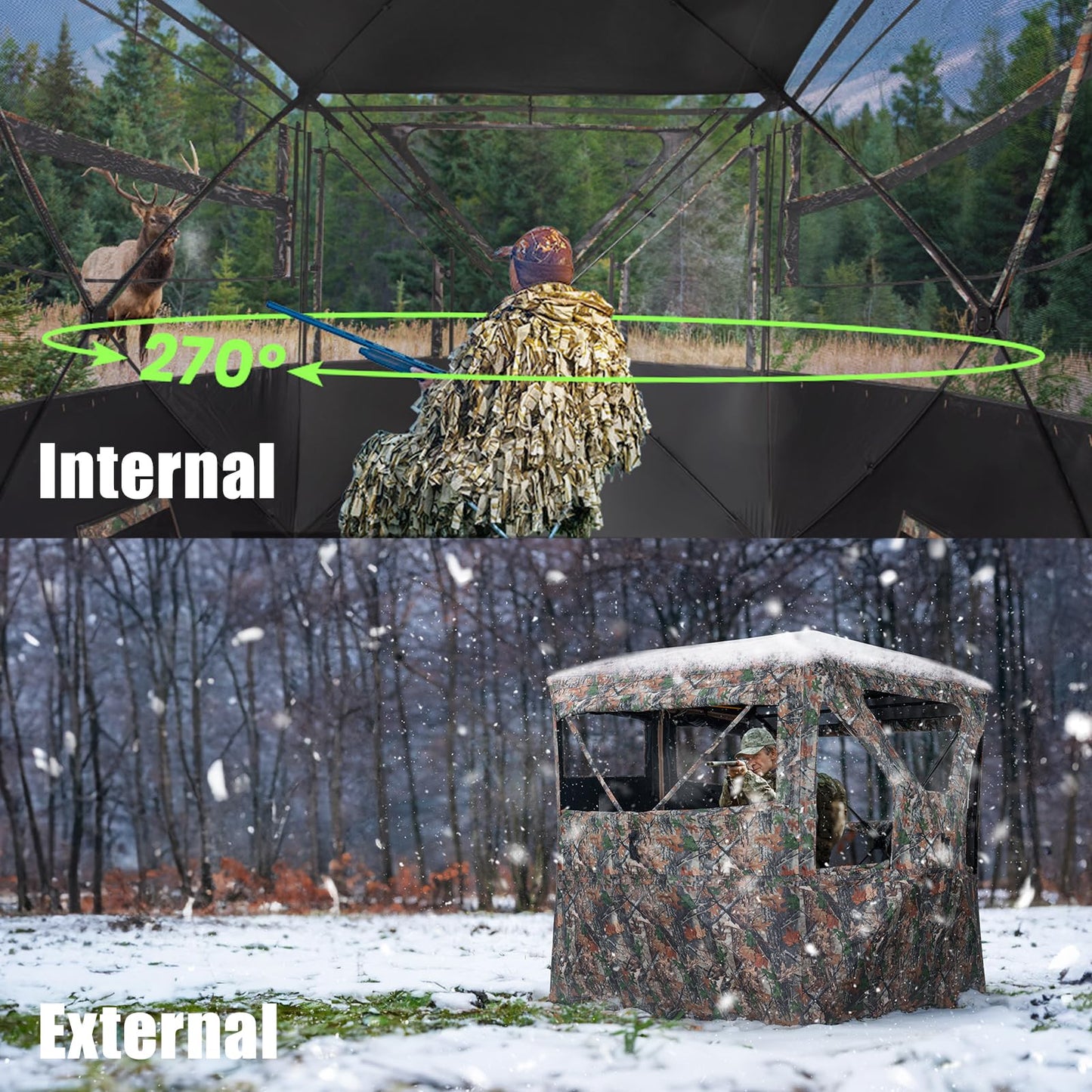 HUNTSEN 3-4 Person Hunting Blind - 270 Degree See Through Deer Blind with Magnetic Full Open Door - Pop Up Ground Blinds - Portable Resilient Hunting Tent for Deer & Turkey