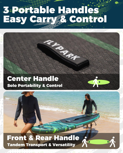 Flypark 11'x34 Inflatable Paddle Boards, Extra Wide SUP for 420lbs/3Adults, Yoga Stand Up Paddle Board, 110L Backpack, 15 D-Rings, Shoulder Strap, US-Fin, 2-Action Pump, Thrive-Green