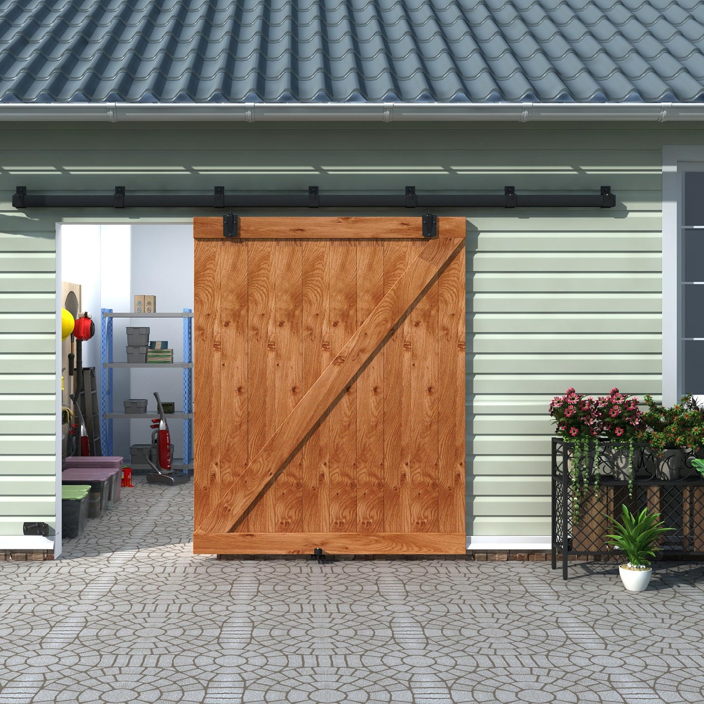 WEWORTH 10FT Black Box Rail Exterior Sliding Barn Door Hardware Track Kit, Heavy Duty Barn Door Track Set, Wall Mount Outdoor Weatherproof Single Barn Door Hardware with 5 Track Brackets(No Doors）