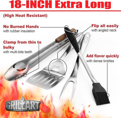 GRILLART BBQ Tools Set - 18-Inch Stainless Steel Grilling Accessories | Tongs, Spatula, Fork & Brush - Perfect Gift for BBQ Lovers