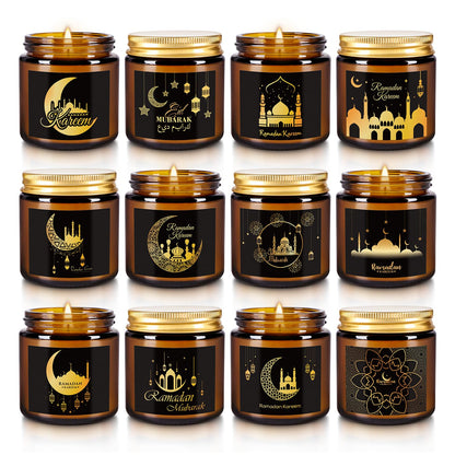 12pack Ramadan Scented Candles 3.5oz Soy Wax，Muslim Islamic Party Favors Gifts Glass Jar Candles for Home Happy Eid Festival Decor(Brown,Pattern)