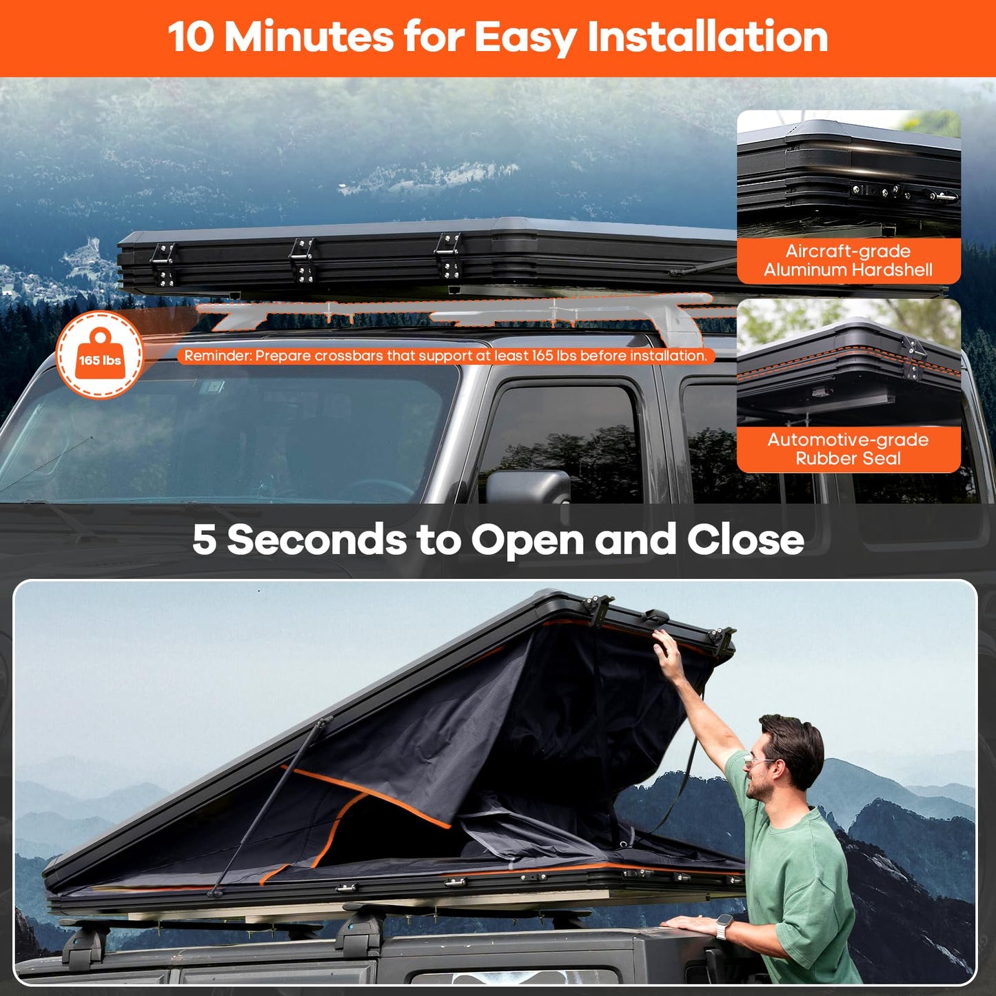 Adventurer Pro Rooftop Tent Hard Shell with Side Awning&LED Light Strip, 2-3 Person Roof Top Tent for 4 Season Camping, Aluminum Pop Up Roof Tent for Truck Jeep SUV Van Trailer