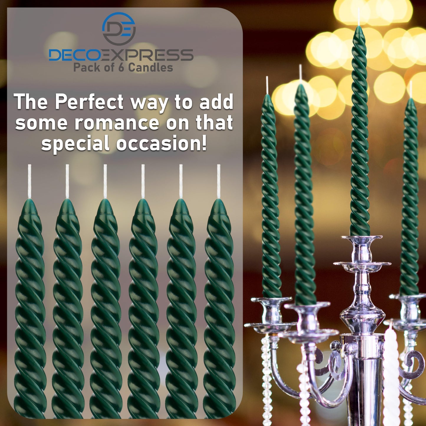 DECO EXPRESS Candles, Pack of 6 Dinner Candles, Non Drip Twisted & Non Scented, Long 6 Hours Burning Time, Cosy Home Decor, Birthday, Valentine’s Day & Mother’s Day Gift Idea (Green - Pack of 6)