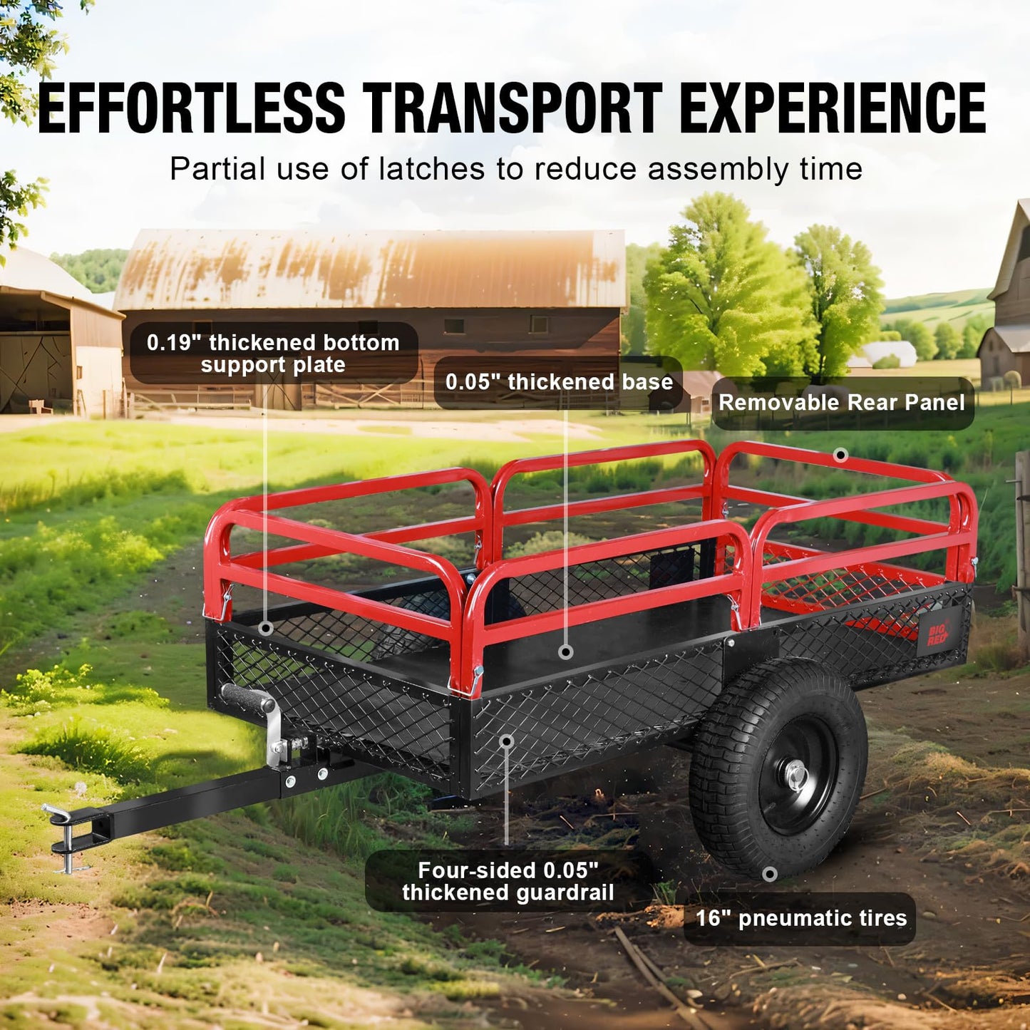 Big RED Heavy Duty ATV Trailer Steel Dump Cart: Yard Garden Trailer for Lawn Mower, Tractor, Garden Waste - 1,500lbs, 15 cu.ft Capacity