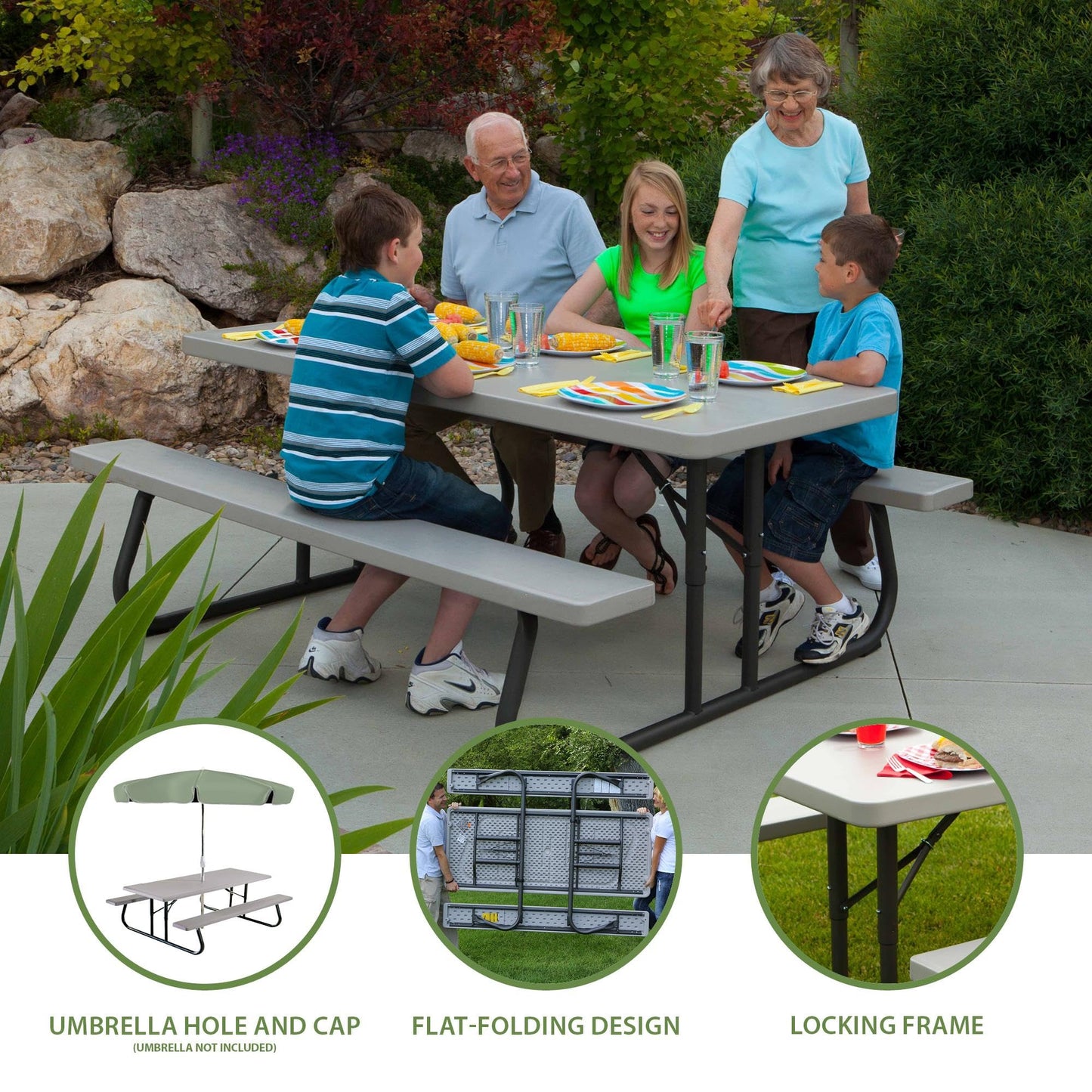 LIFETIME 6‑Foot Folding Picnic Table, Outdoor Portable Bench Seating for 8, UV‑Protected HDPE, Powder‑Coated Steel Frame, Stain‑Resistant, Folds Flat for Storage