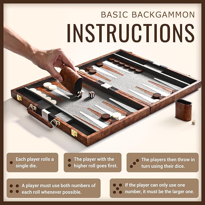 ropoda Backgammon Board Game Set (15 Inches) for Adults and KidsClassic Board Strategy GamePortable and Travel Backgammon Set with Premium Leather CaseBest Strategy &amp Tip Guide