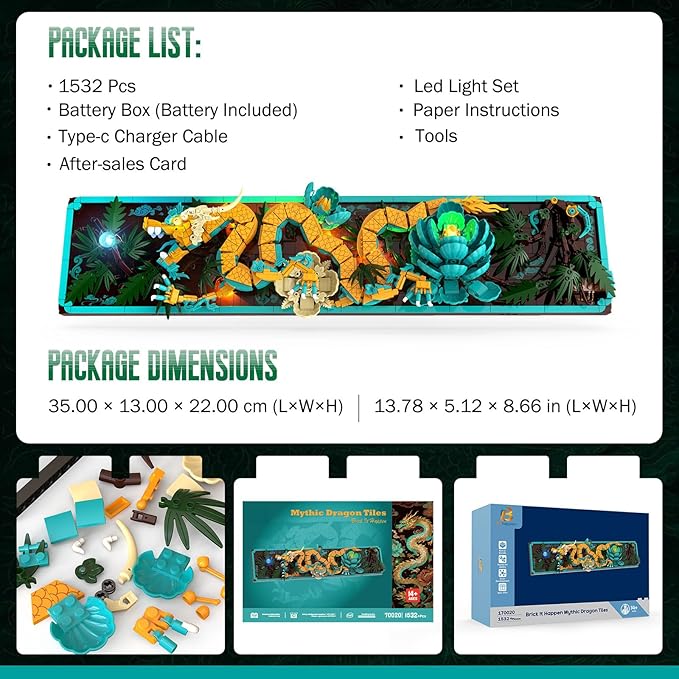 Mythic Dragon Tiles Building Blocks Set with LED Lights Divine Loong 3D Wall Art Building Toys 170020 with Flowers 1532 Pcs Dragon Relief DIY Model Kit for Adult Creative Gifts &amp Decor
