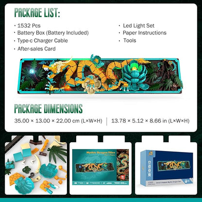 Mythic Dragon Tiles Building Blocks Set with LED Lights Divine Loong 3D Wall Art Building Toys 170020 with Flowers 1532 Pcs Dragon Relief DIY Model Kit for Adult Creative Gifts &amp Decor