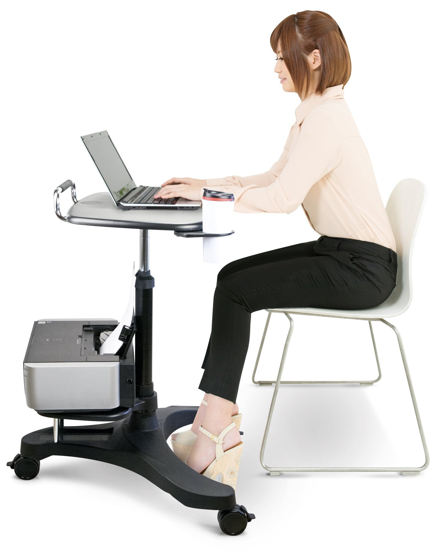 Aidata Ergonomic Sit-Stand Mobile Laptop Cart Work Station with Printer Shelf. with Built in Cup Holder and Mouse Pad. Black (Model: LPD009P)