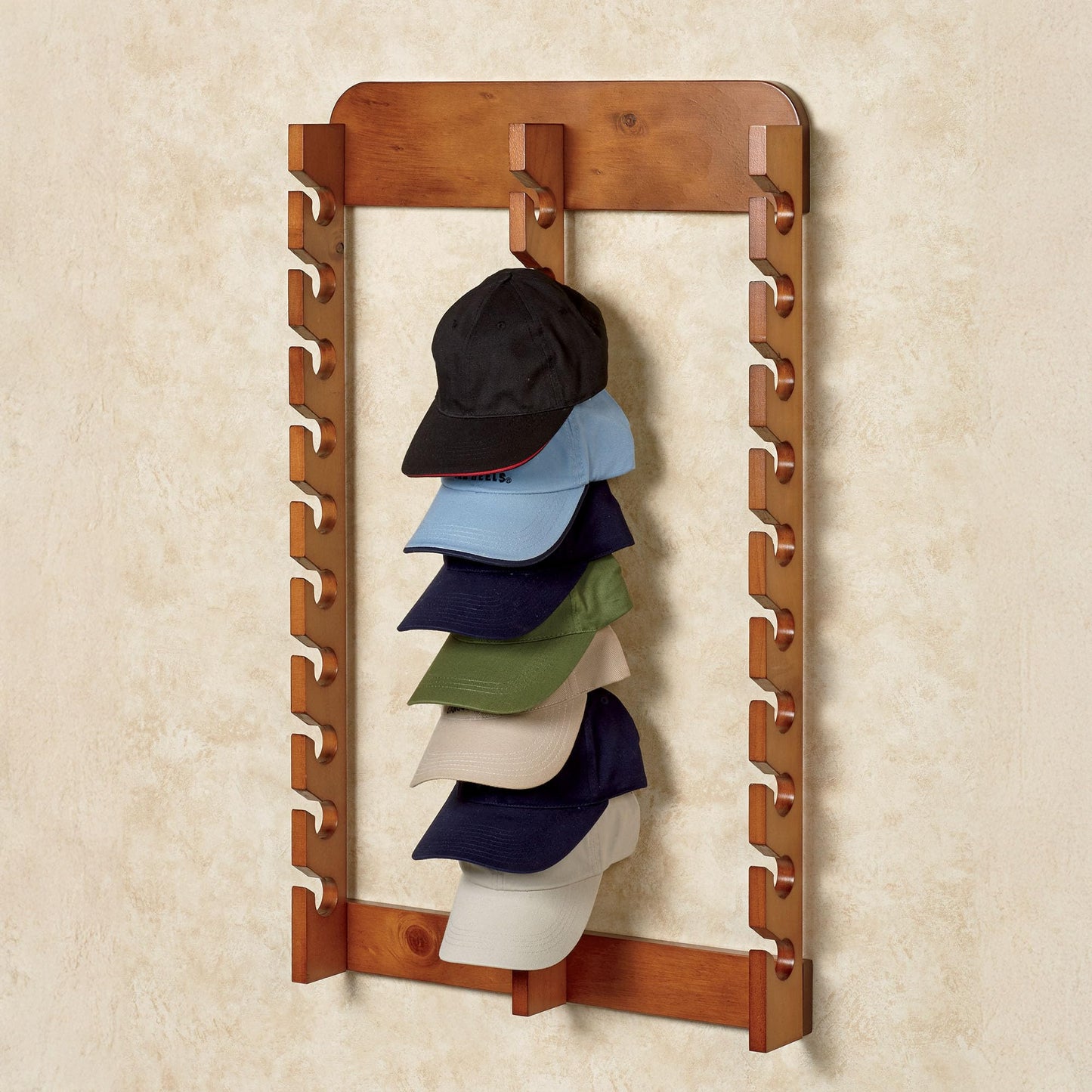 Touch of Class Wooden Ball Cap Display Wall Rack - Windsor Oak - Triple, 30 Slots - Baseball Hat Display - Made of Wood - Class Racks for Hats - Organizer for Bedroom, Living Room, Entryway