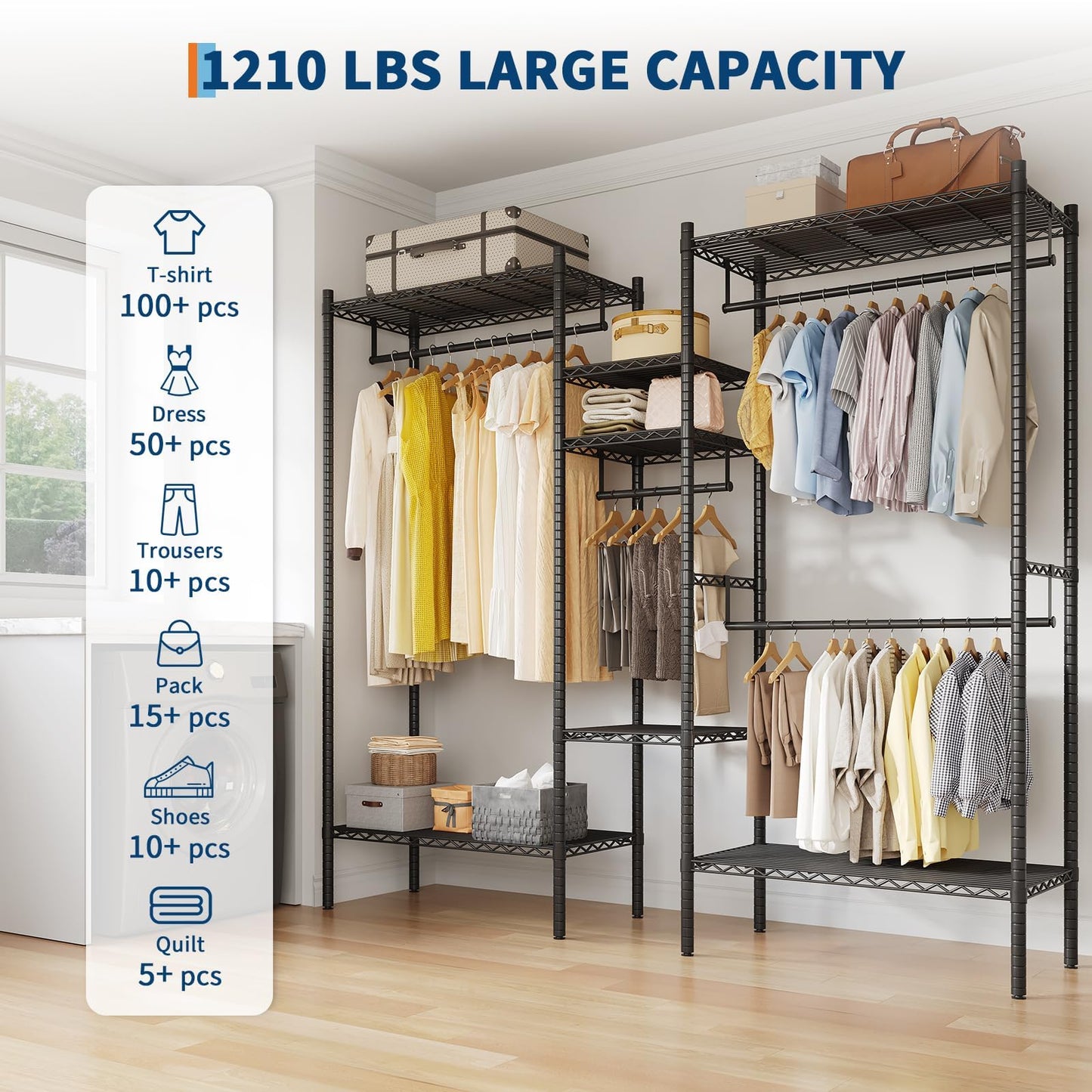 GarveeHome Heavy Duty Metal Clothes Rack – Adjustable Shelves, Freestanding Portable Wardrobe Organizer, Commercial Closet System for Garment Storage, Max Load 1210 LBS, Black – 86.2 x 17.3 x 76.4