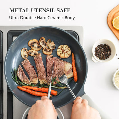 PRICUSIS Nonstick Ceramic Frying Pan, 8/10/12 Inch Non Toxic Skillet, Egg & Omelet & Chef's Pan, Induction Compatible & Oven Safe, Dishwasher Safe,PTFE PFAS & PFOA Free (8 Inch, Blue Gray)
