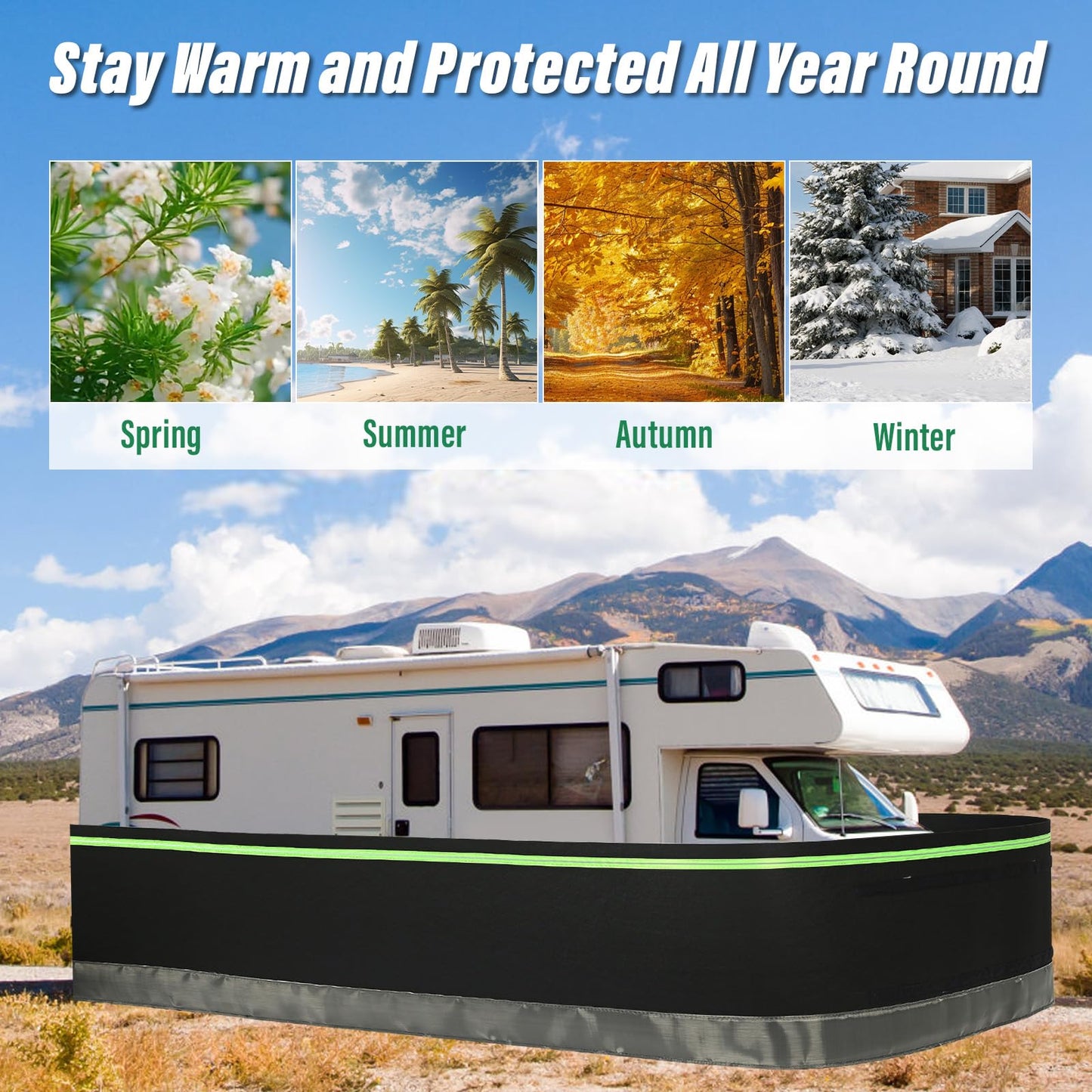 RV Skirting for Travel Trailers & 5th Wheels, 65.5FT Skirting for RV Campers Heavy Duty 2.6FT High Camper Insulated Skirt with Bottom Stainless Steel, All-Weather Windproof Waterproof UV-Resistant