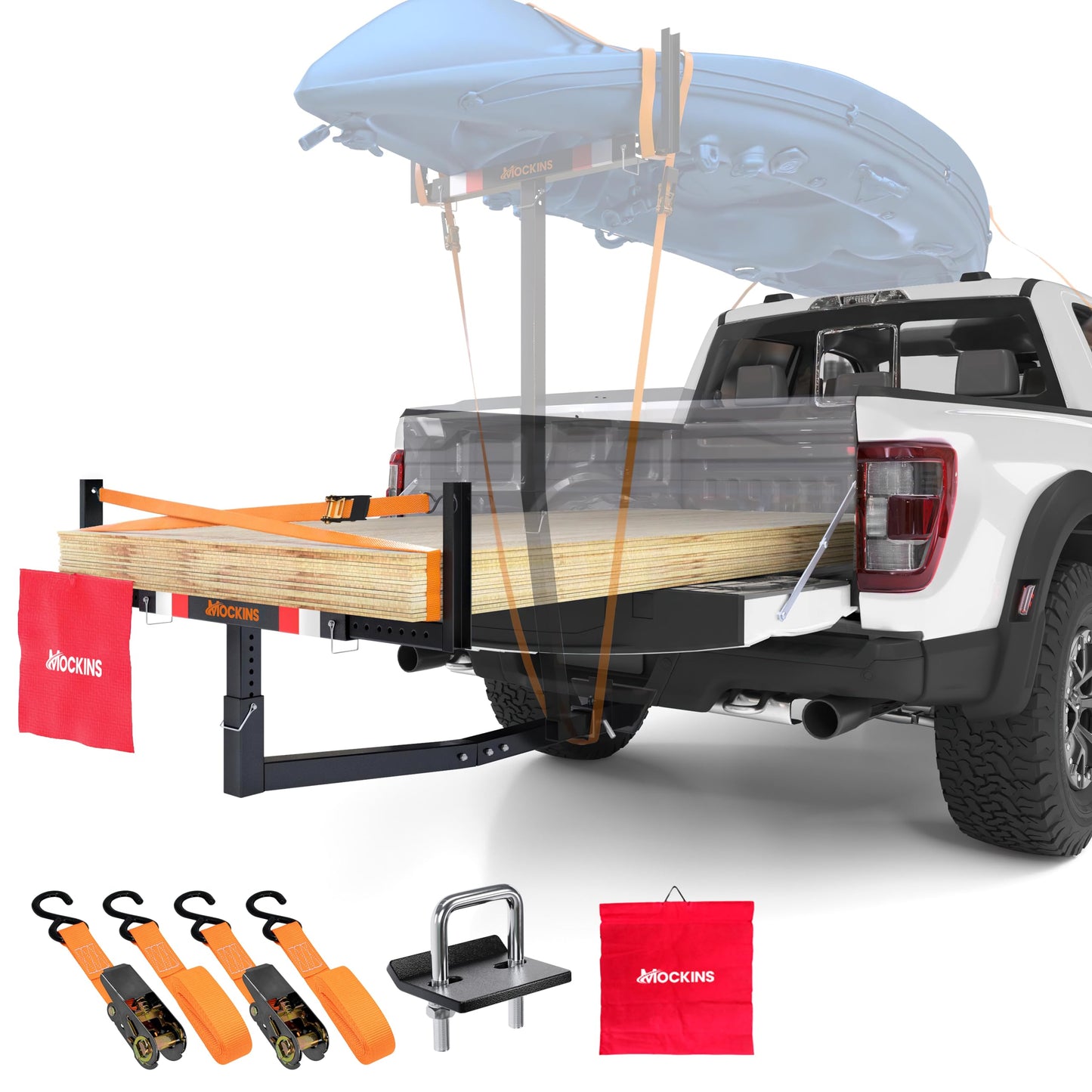 Mockins 750 Lbs Cap Truck Bed Extender Hitch Mount | 2-in-1 All-Weather Steel Canoe Rack & Kayak Trailer with Stabilizer & Straps | Versatile Truck Bed Hitch Extender for Ladders, Pipes, Lumber & More