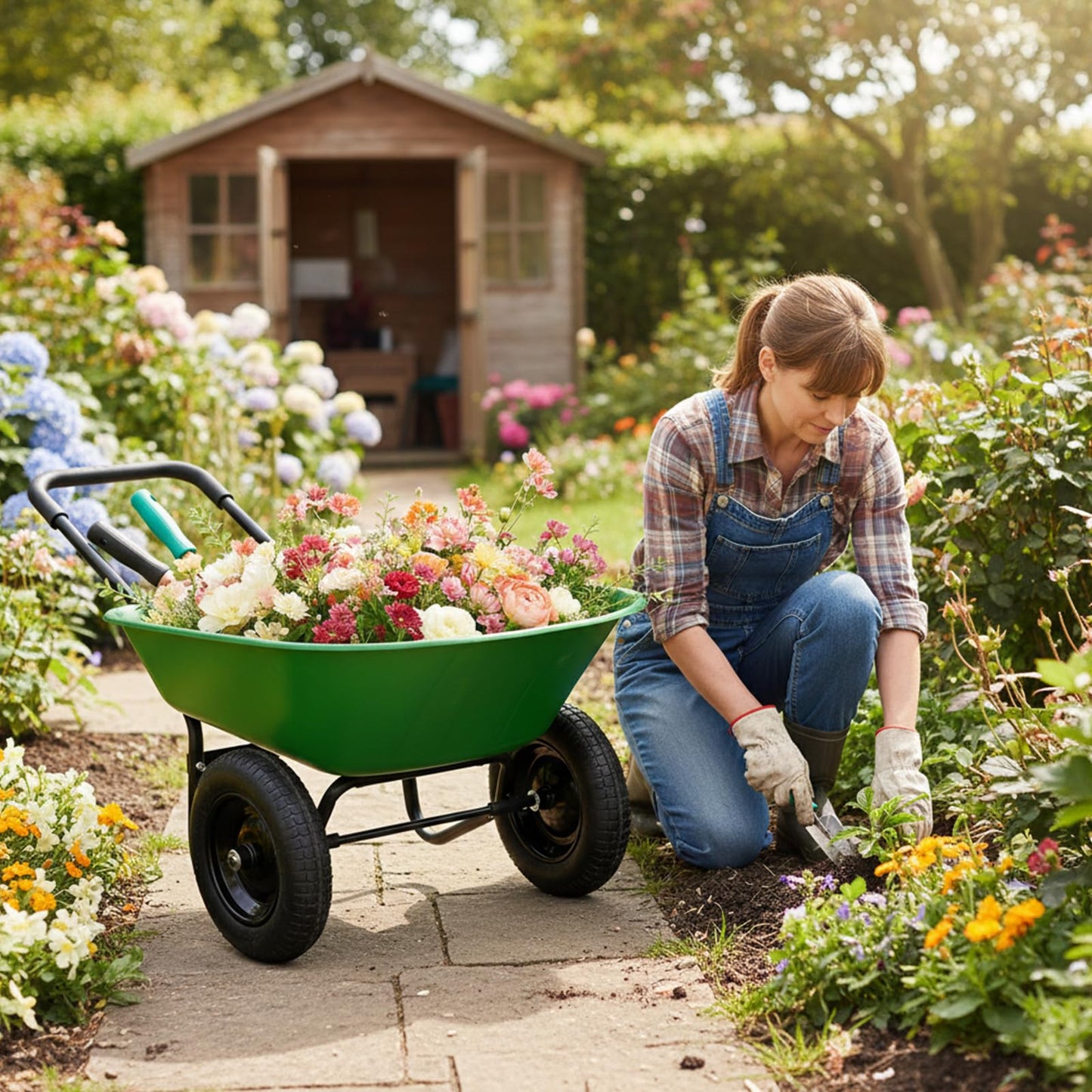ERGOMASTER Dual-Wheel Wheelbarrow, Home Utility Garden Cart, Large Heavy Duty Yard Cart for Gardening (Bright Green)
