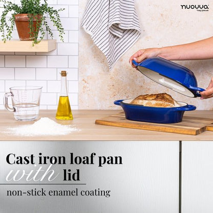 Dutch Oven For Sourdough Bread Baking – Enamelled Cast Iron Bread Loaf Pot – Oven Safe Non Stick Bread Pot – Rectangular, Dark Blue, 24cm x 16cm – by Nuovva