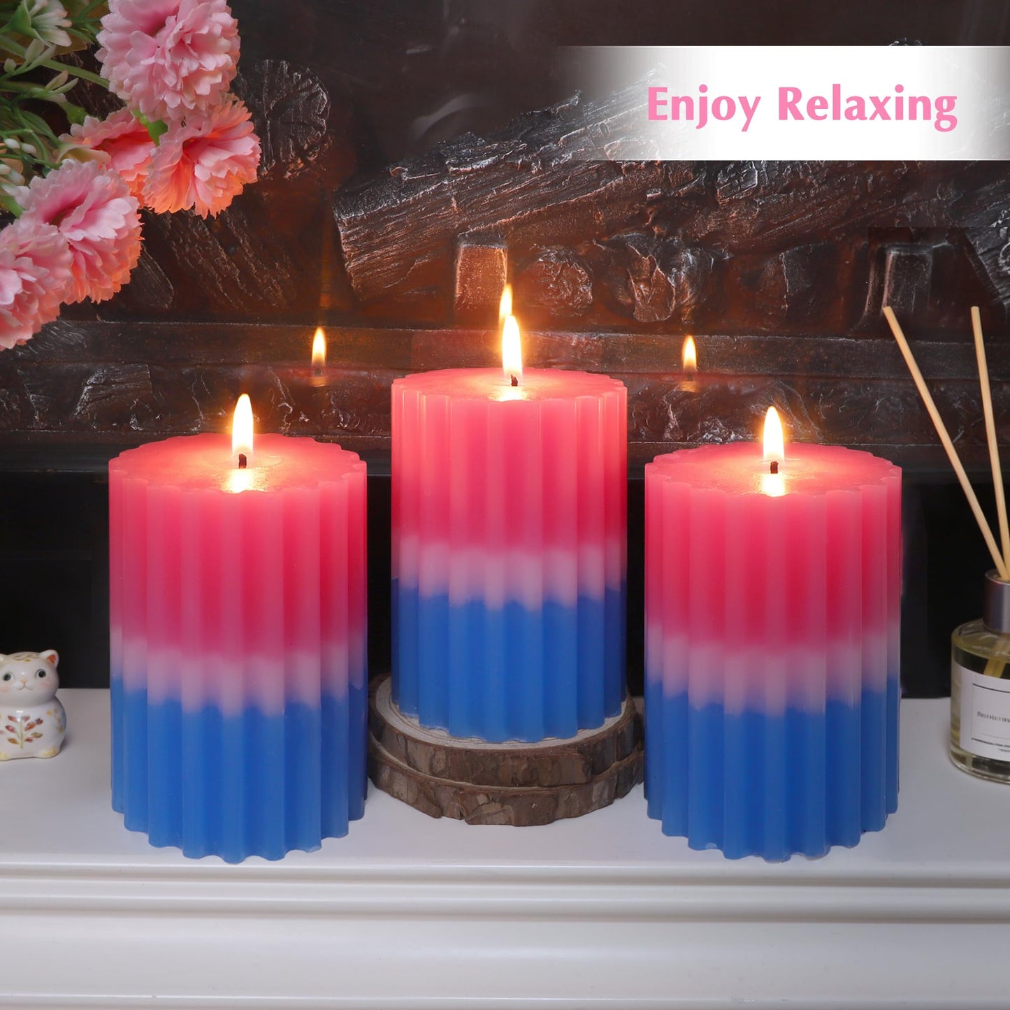 FLAVCHARM Ribbed Pillar Candles Fruity Floral Scented Pink Blue Ombre 3×4 Inch Candle Handcrafted Aesthetic Romantic Aromatherapy Candles for Home Decor Wedding Party Housewarming Gift