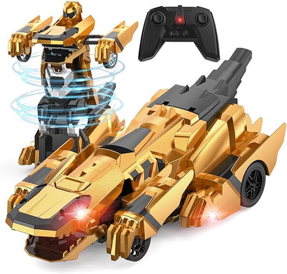 Dinosaur Transform Rc Cars 2.4Ghz Remote Control Car Transforming Robot with Flashing Light 360° Rotation One Button Deformation Car Toy Gifts for Boys Age 4-7 8-12