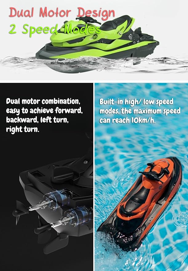 2.4 GHz RC Motorboat for Kids &amp Adults 10 km/h High-Speed Dual-Motor Electric Racing Jet Ski Toy 50 m Range 20 min Play Low-Battery Alarm Pool &amp Lake Ready (Blue)