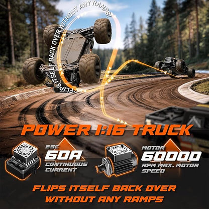 UDIRC 1610S Brushless Fast RC Car 56+ MPH and Standing Backflip in Stock Setup Includes 3S LiPo Battery 1:16 High Speed RC Truck 4WD RTR Off-Road Monster RC Truck for Adults
