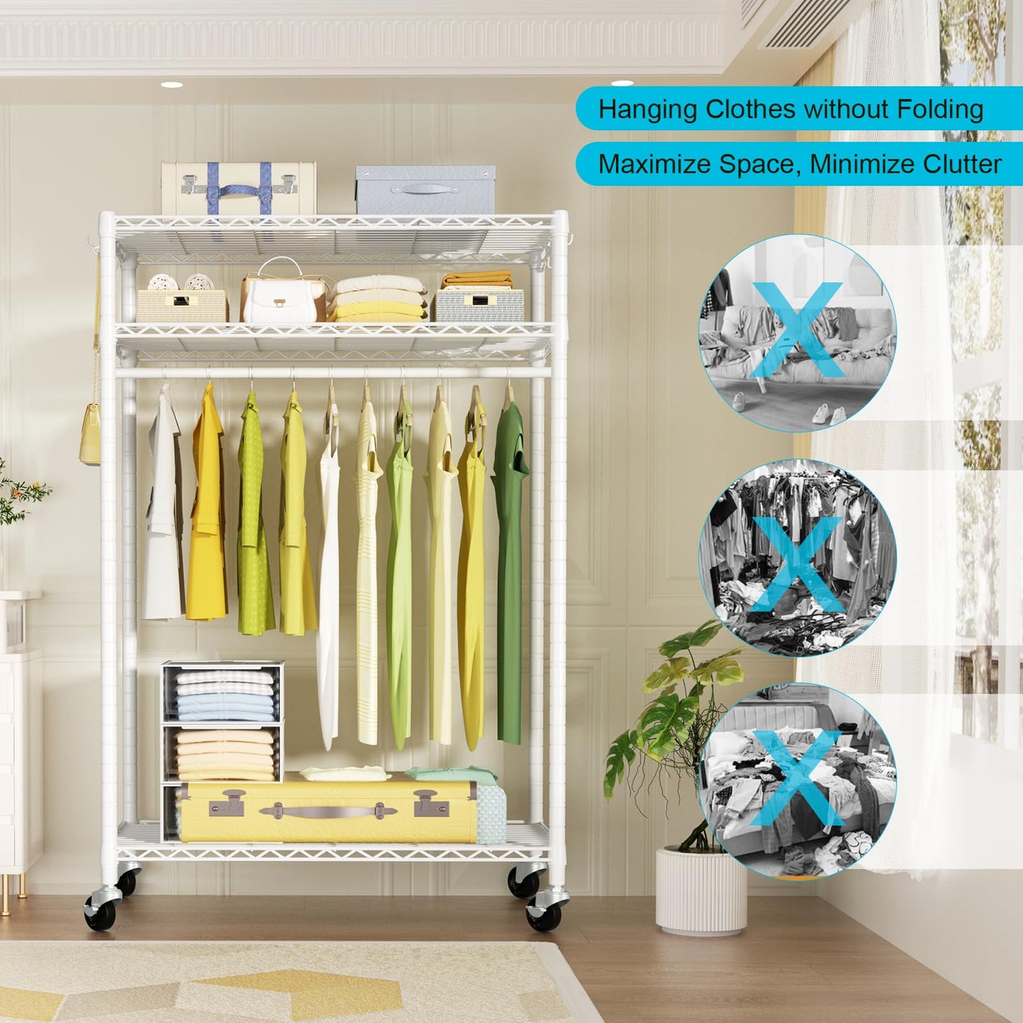 FUTASSI P3 Plus Rolling Clothes Rack, Clothing Racks for Hanging Clothes, Heavy Duty Garment Rack with Wheels, Freestanding Portable Closet Racks 45" W x 14" D x 78.5" H, Max Load 480 LBS, White