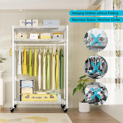FUTASSI P3 Plus Rolling Clothes Rack, Clothing Racks for Hanging Clothes, Heavy Duty Garment Rack with Wheels, Freestanding Portable Closet Racks 45" W x 14" D x 78.5" H, Max Load 480 LBS, White