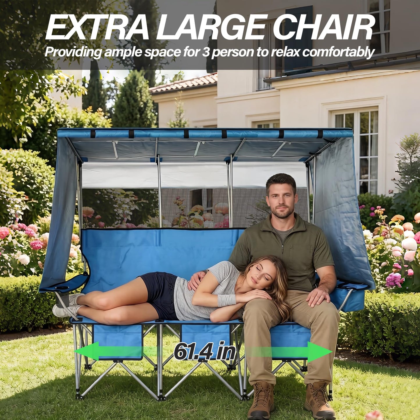 BDL 3 Person Camping Chair with Canopy Shade, Oversized Heavy Duty Camping Chair with Cup Holders & Ice Bag Portable Family Folding Chair for Outdoor, Lawn & Sports,Blue