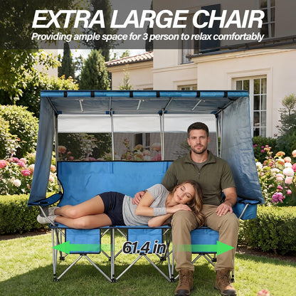 BDL 3 Person Camping Chair with Canopy Shade, Oversized Heavy Duty Camping Chair with Cup Holders & Ice Bag Portable Family Folding Chair for Outdoor, Lawn & Sports,Blue