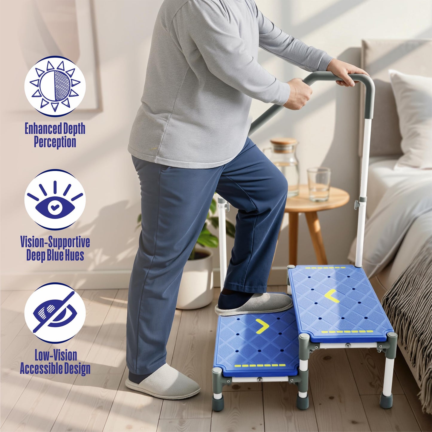 Extra Long Step Stool with Handle for Elderly(22 Inch), Heavy Duty 2 Stepping Stool with Adjustable Handrails for High Beds, Non-Skid Platform Foot Stool for Adults, Seniors, Handicapped (Blue)