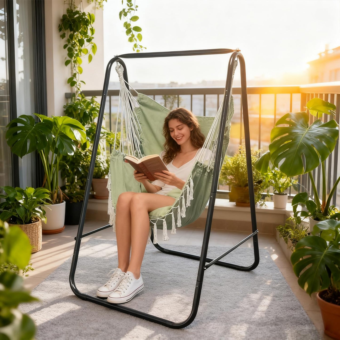 PIRNY Hammock Chair with Stand,Heavy-Duty Hammock Stand with Large Indoor Swing,MAX Load 500 LBS,Hanging Chair with Stand for Indoor Outdoor,Swing Chair with 2 Cushions Included(Green)