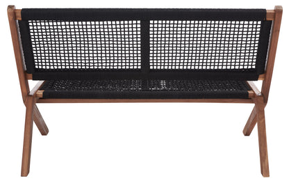 SAFAVIEH Outdoor - Kobina Folding Bench - Natural & Black - Solid Wood and Rope - Modern Sculpted Folding Design - Ideal for Patio, Deck, Porch, Backyard, 13.8" Seat Height (PAT7304E)