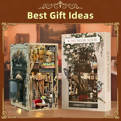 Book Nook Kit DIY Miniature Dollhouse Book Nook Kit with Dust Cover and LED Light (Saisons Café)