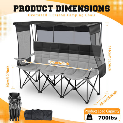 Teenyyou 3 Person Camping Chair with Canopy Shade -Oversized Beach Chair with UV Sun Protection, 700lbs Heavy Duty Foldable Loveseat with 2 Cup Holder & Storage for Beach Lawn Outdoor(Black and Grey)
